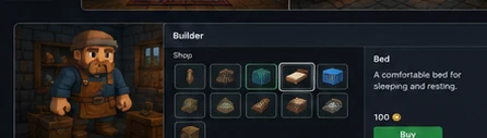 Illustrated Builder shop showing a bed purchase in Allumeria