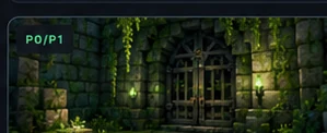 Original editorial illustration of a mossy Forest Dungeon gate