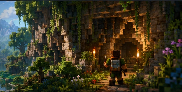 Original editorial illustration of a voxel adventurer facing a lantern-lit dungeon