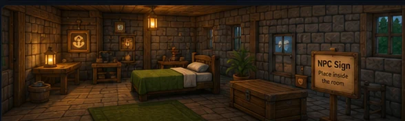 Original editorial illustration of a warm NPC room and bed in a voxel home