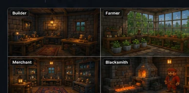 Illustrated room themes for Builder Farmer Merchant and Blacksmith NPCs in Allumeria