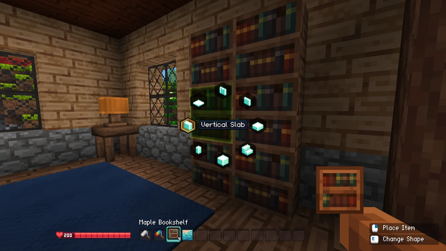Official Allumeria in-game screenshot of a furnished building room with the block-shape interface open