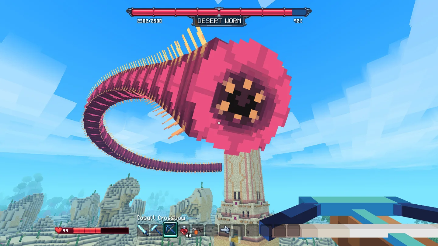 Official Allumeria in-game screenshot of the Desert Worm encounter near a tower
