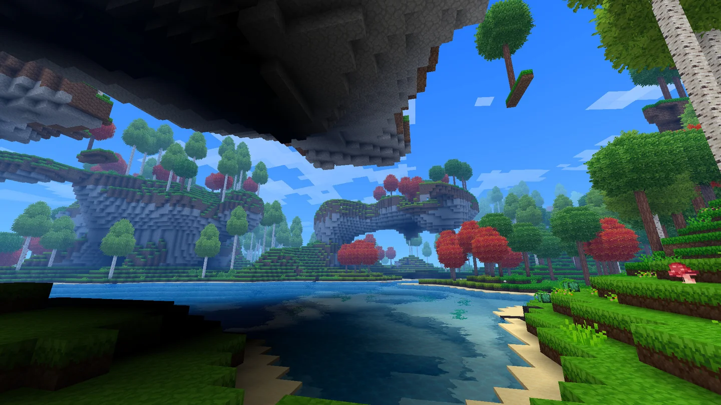Official Allumeria in-game screenshot of a bright forest overlook with distant floating islands