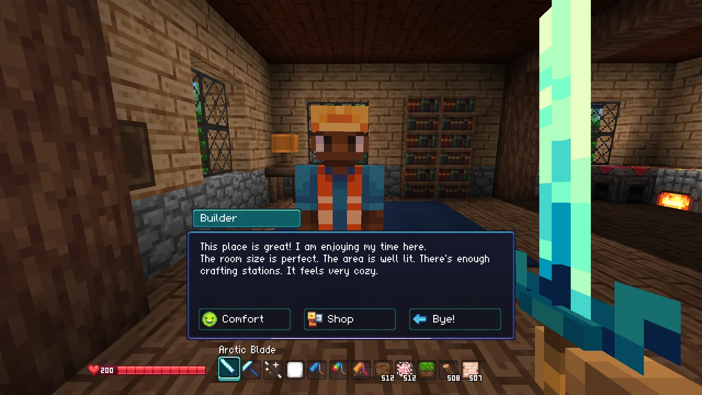 Official Allumeria in-game Builder dialogue in a furnished room with room-status messages visible