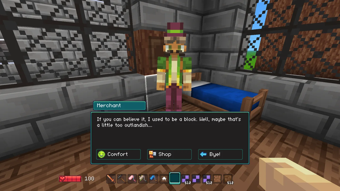 Official Allumeria in-game Merchant dialogue in a furnished NPC room