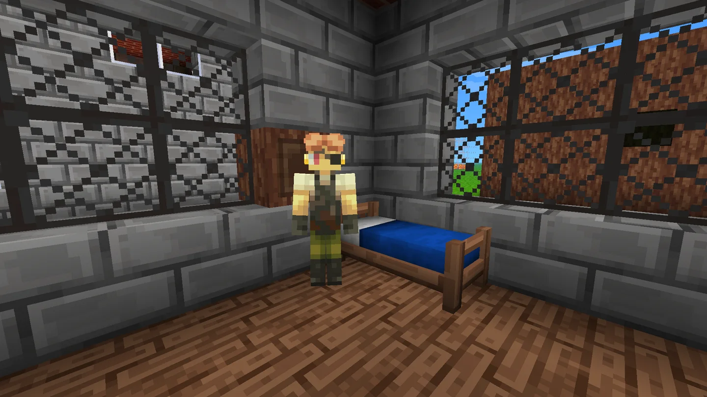 Official Allumeria in-game screenshot of an NPC standing in a furnished bedroom