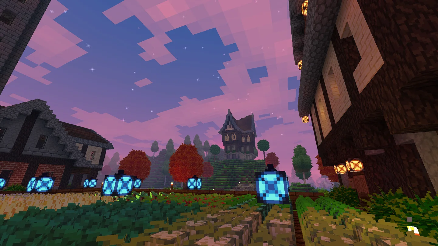 Official Allumeria in-game screenshot of a colorful settlement, used as guide context
